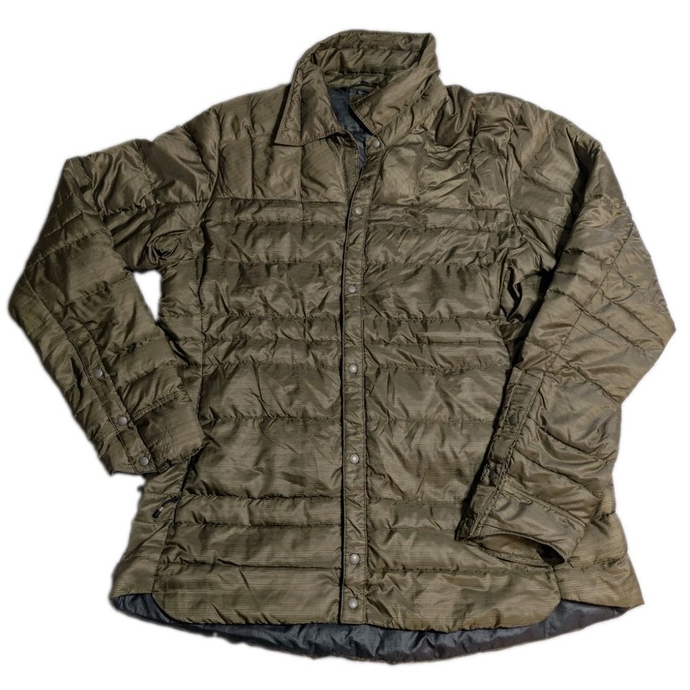 Nau Down Shirt Jacket Mens L Olive Green Goose Down Snap Puffer - Picture 1 of 8